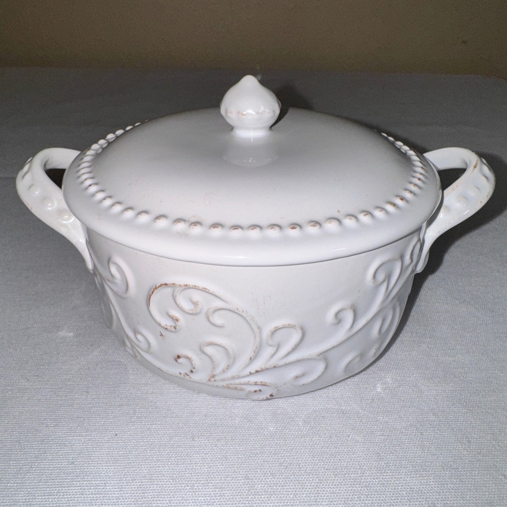 American Atelier Bianca Scroll White Stoneware Lidded Sugar Bowl Small Tureen